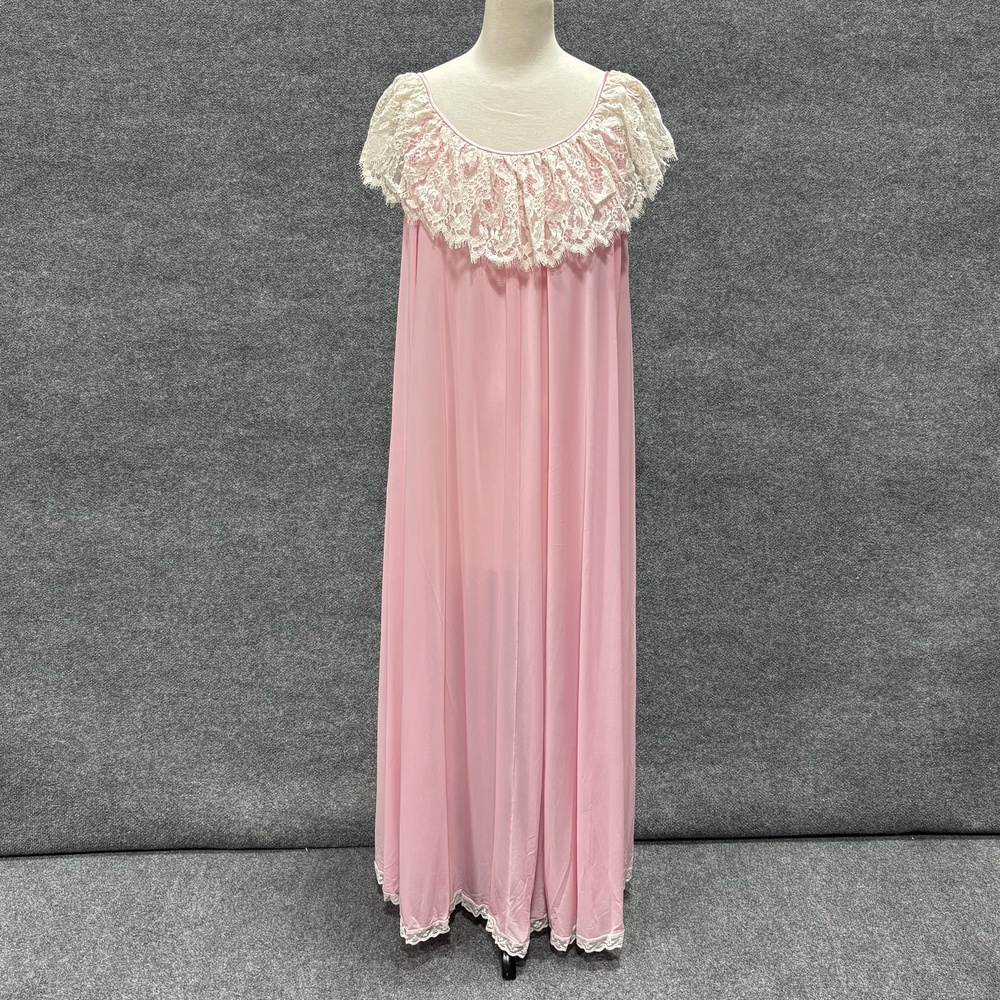 Vintage Lucie Ann Gown Womens Small Pink Nylon Lace Ruffle Collar Maxi Nightgown
